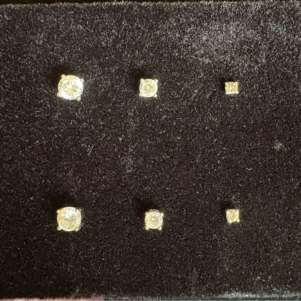 3 Pairs of Sterling Silver Cubic Zirconia Stud Earrings Minimalist